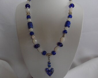 Mid-length necklace, Italian glass, heart, Murano style, glass beads, white, royal blue, woman's jewel, unique piece, Valentine's Day gift.