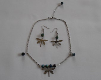 Parure libellules Collier+boucles d'oreilles perles en jade tout le métal est en acier inoxydable, bleu, vert, argent bijou unique.