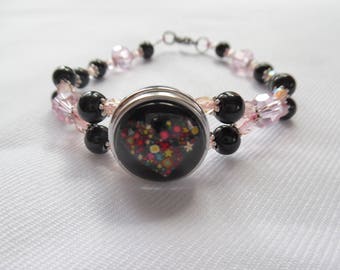 Bracelet pression cœur, perles en verre, artisanal, acier inoxydable, rose, noir, pièce unique, cadeau pour elle, cadeau unique