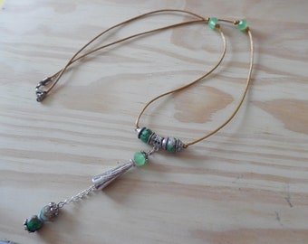 Metal cone pendant necklace, glass beads, original, silk thread, green, beige, women's jewelry, gift for her, unique