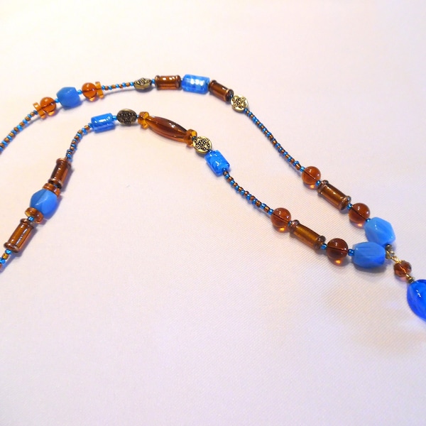 Collier sautoir femme, perles de verre, marron, bleu, bijou femme, pendentif, pièce unique, sautoir, cadeau pour elle