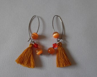 Boucles d'oreilles moderne, perles en verre, pompons, cristal de swarovski, orange, grandes dormeuses en acier inoxydable.