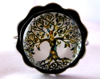 Bracelet arbre de vie, couleur bronze, cabochon en verre, support capsule expresso , fait main, pièce unique, bracelet réglable.