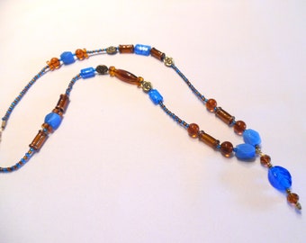 Collier sautoir femme, perles de verre, marron, bleu, bijou femme, pendentif, pièce unique, sautoir, cadeau pour elle