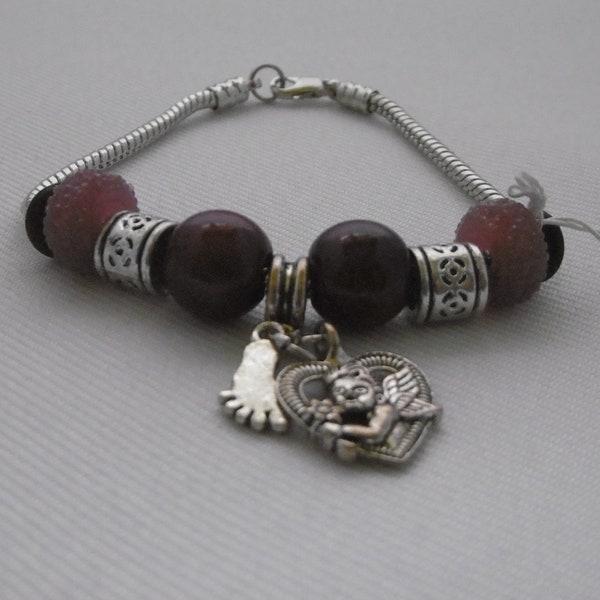 Bracelet Charms, perles magique, métal, cœur, ange, pied, chaîne serpent, violet, argent, bijou femmes, unique, fait à la main.