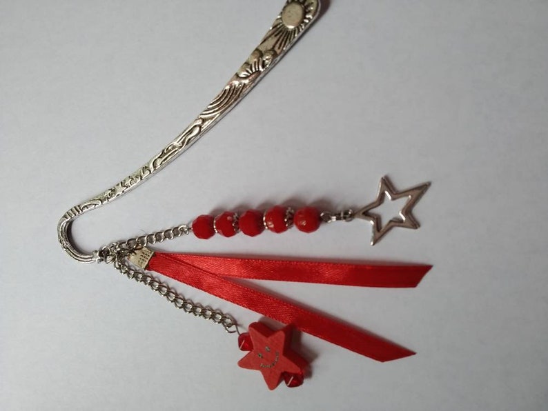 Celestial bookmarks, glass beads, stars, satin ribbon, red, silver, book accessories, unique gift. image 7