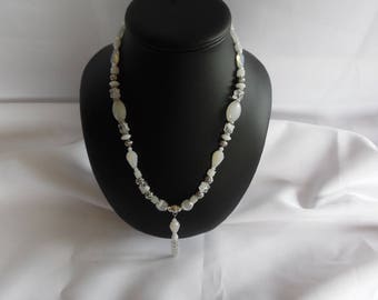 Mid-long necklace, glass beads, pendant, boho, silver metal, white, women's jewelry, unique, stainless steel primers