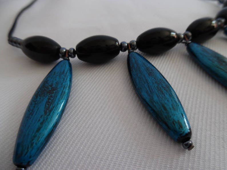 accessory silk thread unique Denim Blue resin black gift for her. women jewelry Necklace beads glass