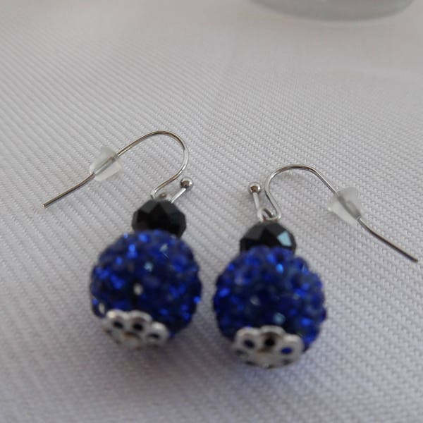 Royal blue earrings, shamballa pearls, crystals, stainless steel, women's jewelry, gift for her, modern.