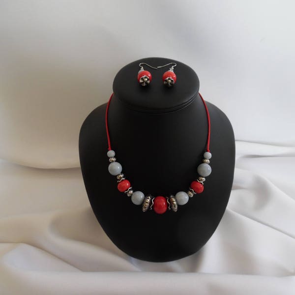 Collier+boucles d'oreilles, perles en céramique, parure, fil de soie, rouge, bleu, acier inoxydable, bijou femme, cadeau pour elle