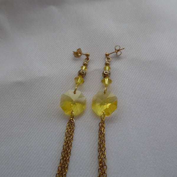 Clous d'oreilles femmes, plaqué or, hexagones, swarovski, chaînettes, jaune, or, bijou femmes, unique, cadeau pour elle