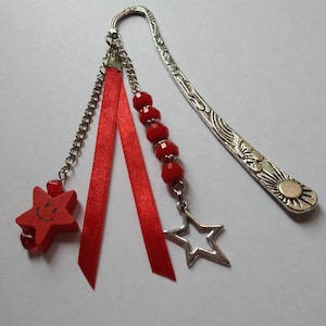 Celestial bookmarks, glass beads, stars, satin ribbon, red, silver, book accessories, unique gift. image 1