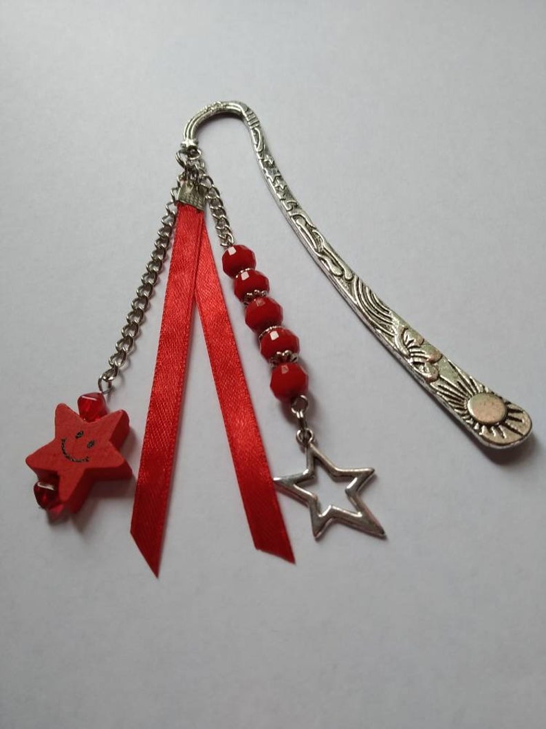 Celestial bookmarks, glass beads, stars, satin ribbon, red, silver, book accessories, unique gift. image 1