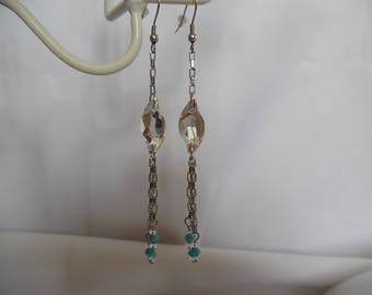 Boucles d'oreilles longues, cristal de swarovski,  chaînes, acier, transparent, turquoise, bijou femme,  pièce unique, cadeau pour elle