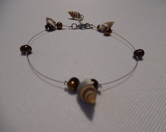 Bracelet de cheville, perles eau douce, coquillages,câble, marron, beige, bijou de cheville, accessoire, bijou femmes