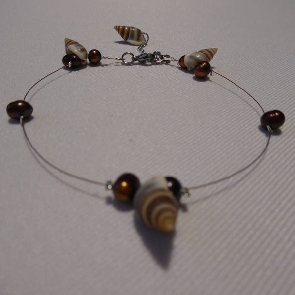 Bracelet de cheville, perles eau douce, coquillages,câble, marron, beige, bijou de cheville, accessoire, bijou femmes