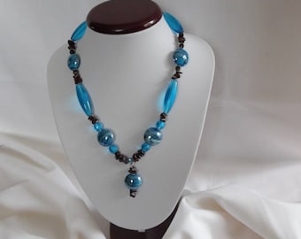 Collier perles en verre, verre indien, murano, pierre de gemmes, pendentif, bleu, marron, bijou femme, cadeau pour elle, acier inoxydable