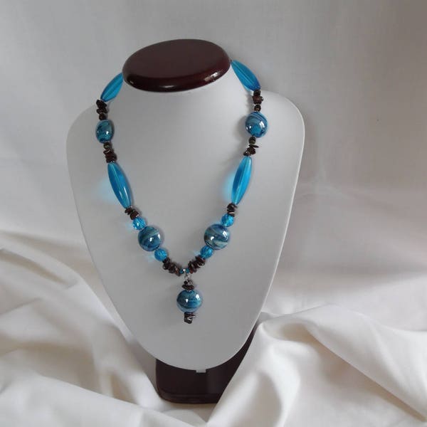 Collier perles en verre, verre indien, murano, pierre de gemmes, pendentif, bleu, marron, bijou femme, cadeau pour elle, acier inoxydable