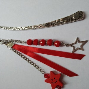 Celestial bookmarks, glass beads, stars, satin ribbon, red, silver, book accessories, unique gift. image 4