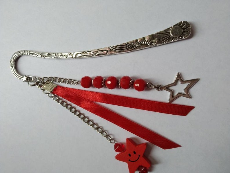 Celestial bookmarks, glass beads, stars, satin ribbon, red, silver, book accessories, unique gift. image 4