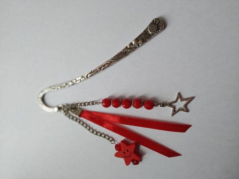 Celestial bookmarks, glass beads, stars, satin ribbon, red, silver, book accessories, unique gift. image 9