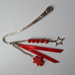 Celestial bookmarks, glass beads, stars, satin ribbon, red, silver, book accessories, unique gift. image 8