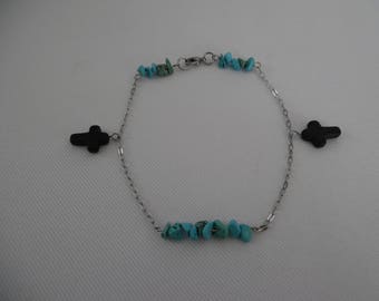 Bracelet de cheville, pierre de gemmes, croix, turquoise, chaîne en acier inoxydable, argent, noir, turquoise, bijou femmes, bijou d'été