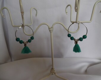 Fancy women's hoop earrings, glass beads, pompoms, blue green, silver, women's jewelry, accessory, unique piece, gift for her