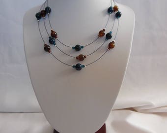 Collier trois rangs, perles en verre, marron,  bleu, Bijou femmes, pièce unique, cadeau pour elle, apprêts acier inoxydable.