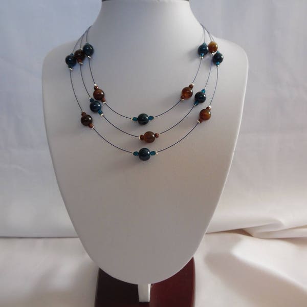 Collier trois rangs, perles en verre, marron,  bleu, Bijou femmes, pièce unique, cadeau pour elle, apprêts acier inoxydable.