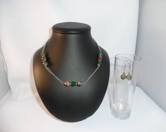 Collier+Boucles d'oreilles, pierres de gemmes, jade, chaîne en acier inoxydable, parure, bordeaux, vert, argent, bijou femmes, unique