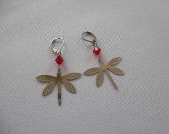 Boucles d'oreille libellules, acier inoxydable, cristal, dormeuses, rouge, argent, bijou femmes, libellules, cadeau pour elle, pièce unique