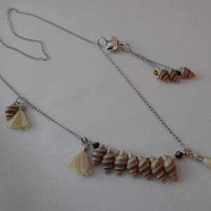 Collier sautoir d'été avec coquillages, pompons, cristal de swarovski, chaîne en acier inoxydable, beige et marron, fait main, unique image 4