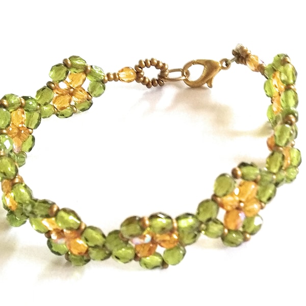 Bracelet perles en verre, unique, topaze et vert olive, bijou femmes, cadeau pour elle, tissé à la main. Verre tchèque.