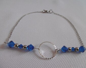 Bracelet de cheville acier, perles en cristal, Swarovski, chaîne, cercle connecteur, bleu, argent,acier inoxydable, bijou femmes, unique