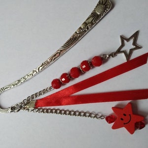 Celestial bookmarks, glass beads, stars, satin ribbon, red, silver, book accessories, unique gift. image 5