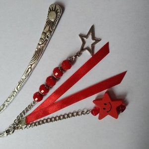 Celestial bookmarks, glass beads, stars, satin ribbon, red, silver, book accessories, unique gift. image 3