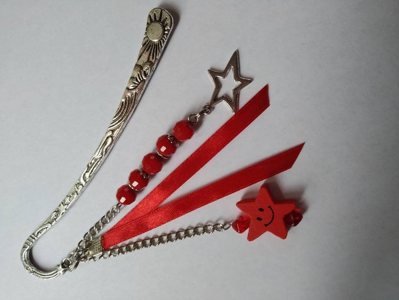 Celestial bookmarks, glass beads, stars, satin ribbon, red, silver, book accessories, unique gift. image 3