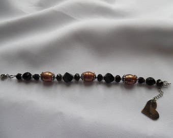 Bracelet de perles, verre indien, verre tchèque, chic, moderne, cœur en acier, or, noir, bijou femme, pièce unique, cadeau pour elle