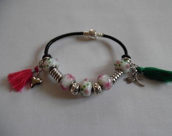 Bracelet charms femmes, perles en verre, pompons, cuir, blanc, rose, vert,  style pandora, bijou femmes, unique, verre Européen