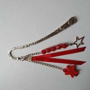 Celestial bookmarks, glass beads, stars, satin ribbon, red, silver, book accessories, unique gift. image 2