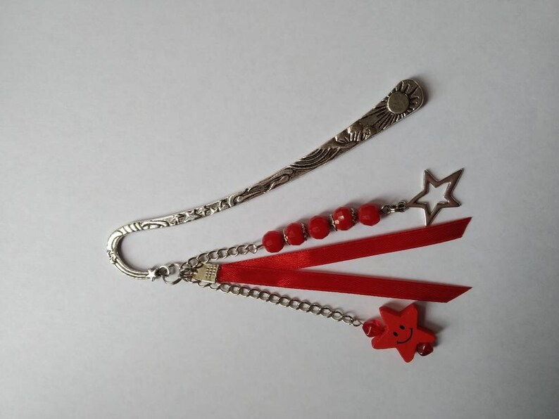 Celestial bookmarks, glass beads, stars, satin ribbon, red, silver, book accessories, unique gift. image 2