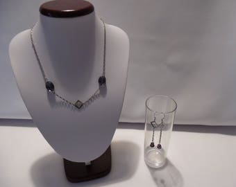 Set, Necklace + Earrings, crystal beads, connector set, stainless steel chain, purple, silver, unique handmade gift