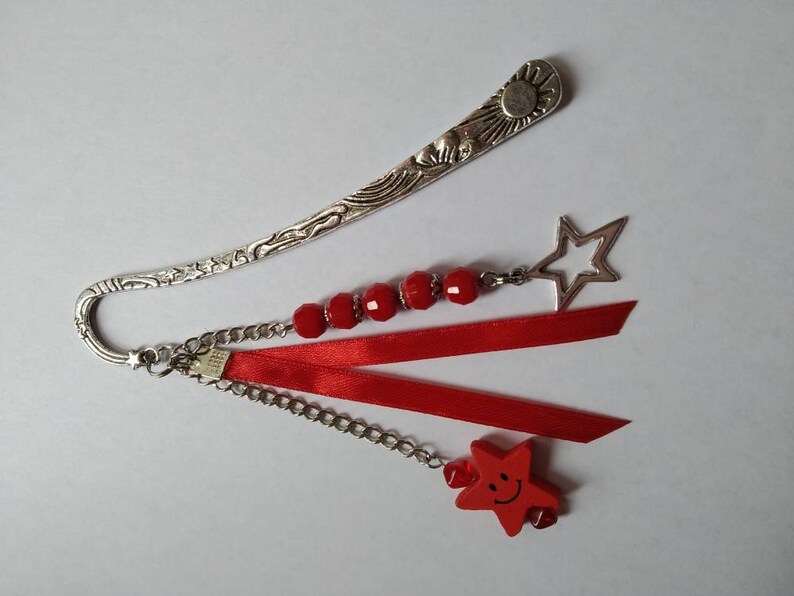 Celestial bookmarks, glass beads, stars, satin ribbon, red, silver, book accessories, unique gift. image 10