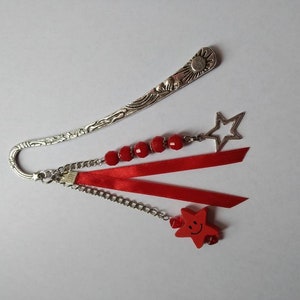 Celestial bookmarks, glass beads, stars, satin ribbon, red, silver, book accessories, unique gift. image 6