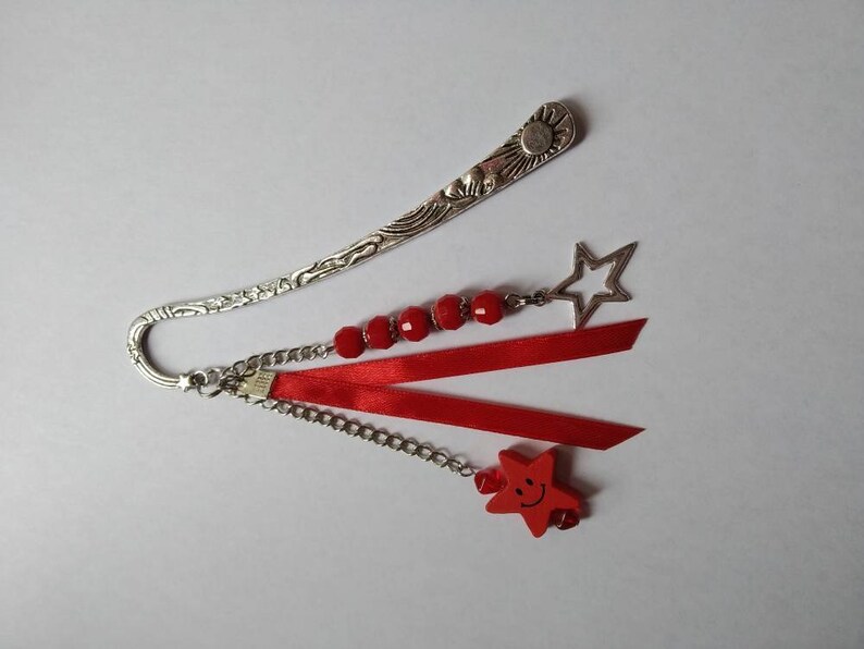 Celestial bookmarks, glass beads, stars, satin ribbon, red, silver, book accessories, unique gift. image 6