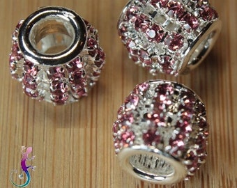 Set van 2 verzilverde metalen kralen met roze strass steentjes voor Europese armband of ketting