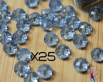 Lot de 25 perles rondes en verre facetté bleu clair 6x4mm