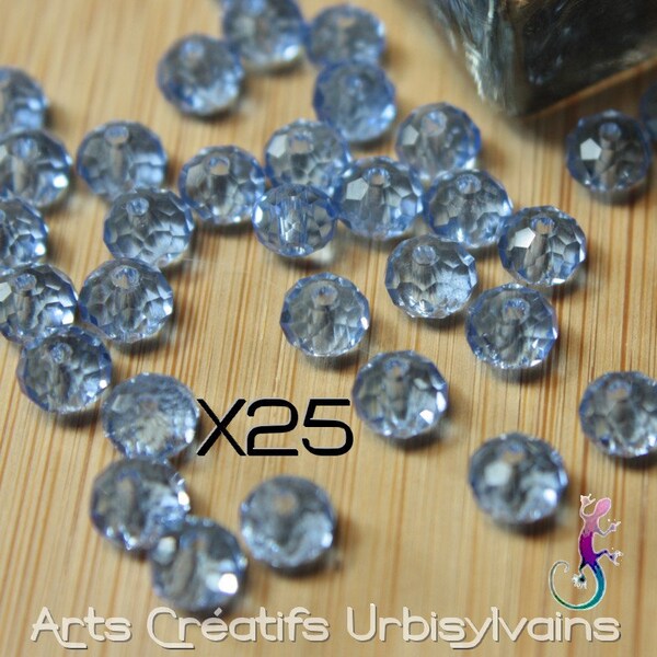 Lot de 25 perles rondes en verre facetté bleu clair 6x4mm