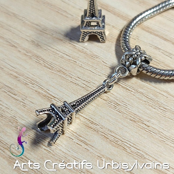 Bélière en métal argenté et pendentif Tour Eiffel pour bracelet ou collier style Pandora